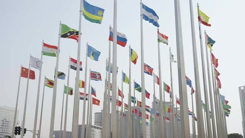 International Flags Waving in the City