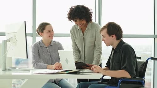 Teamwork Brainstorm Diverse Multiracial Colleagues Man in Chair for People with Disability Working