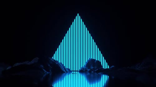 Un triángulo abstracto late sobre un paisaje de estructura alámbrica en una luz azul vibrante