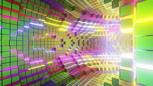Colorful abstract background inside pixelelisation build torus tunnel 3d render. Seamless looped