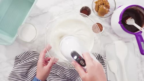 Flat Lay Step By Step Preparing Homemade Chocolate Ice Cream in a Hand Kitchen Mixer