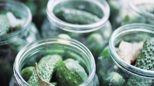 Cucumbers in Jars are Returned to the Table Top View