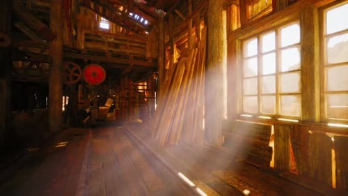 Warm Sunlight Streaming Through Windows in an Old Timber Workshop Interior