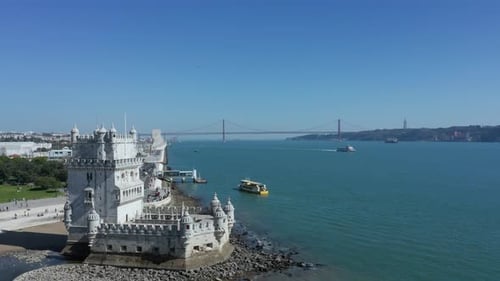 Aerial Drone Shot if the Belem Tower and Tagus River in Lisbon, Portugal