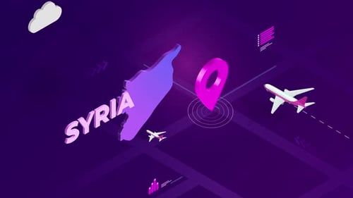 Isometric Syria Map with Location Pin and Airplanes