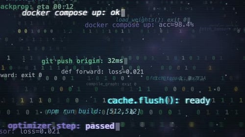 Software developer code terminal with build and deploy logs technology background loop
