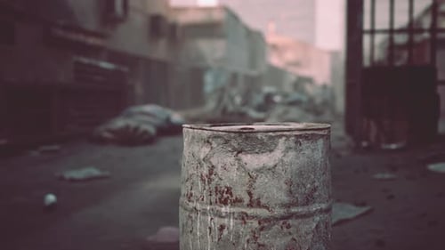 Grungy Rusty Barrel in Desolate Urban Alleyway