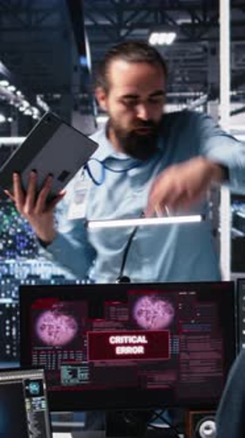 Vertical Video System Administrators in Data Center Struggle with Computer Bugs While Using AI