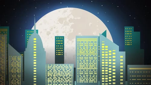 city skyline at night under full moon