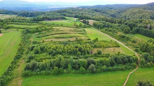 Valley with Fields Meadows Agricultural Farms Forests and Houses