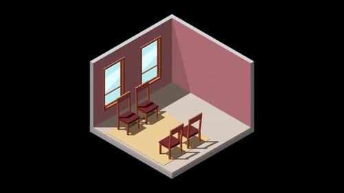 Animación isométrica de comedor. Interior del comedor. Mesa, sillas y otros muebles. isométrico