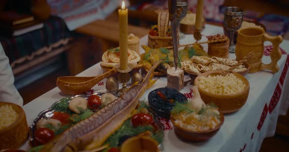 Food and Festive Dishes in Traditional Slavic Cuisine on Table in Old ...