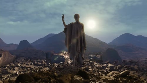 Un paysage rocheux avec une ancienne statue de pierre