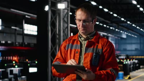 Un ingénieur supervise les outils d'assemblage sur tablette dans une usine industrielle