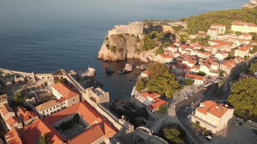 Aerial panorama over fortress Lovrijenac in Dubrovnik and town outside old walls.