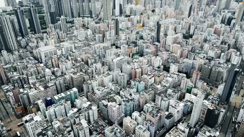 Aerial View on Urban Cityscape of Hong Kong City in China or Old Metropolis Town