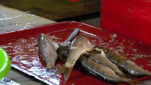 Fischverkäufer reinigt und schneidet frischen Fisch auf dem Fischmarkt