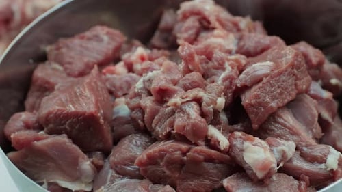 Raw Mutton in Metall Bowl Closeup Muttons Meat for Uzbek Pilaf Turkey Food Chef Preparing a Bif