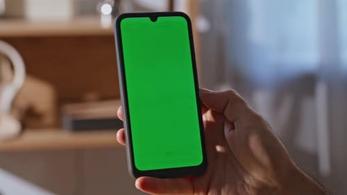 Guy Browsing App Chroma Key Smartphone Home Closeup Man Touching Green Screen