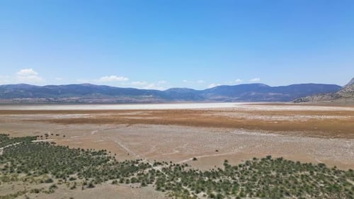 Dried Lake with Mountain Backdrop - Aerial View