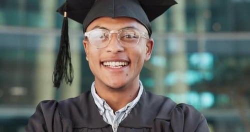Face, outdoor and man with graduation, education and celebration with cap, robe or university