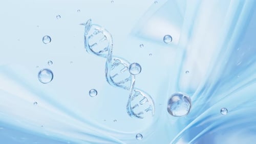 Fluid DNA Double Helix Structure Rotating in Blue Water Background