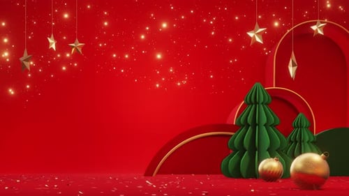 Animated Red Christmas Display with Golden Stars and Falling Glitter