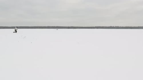Man Running in Winter Through a Snowcovered Field on the Horizon