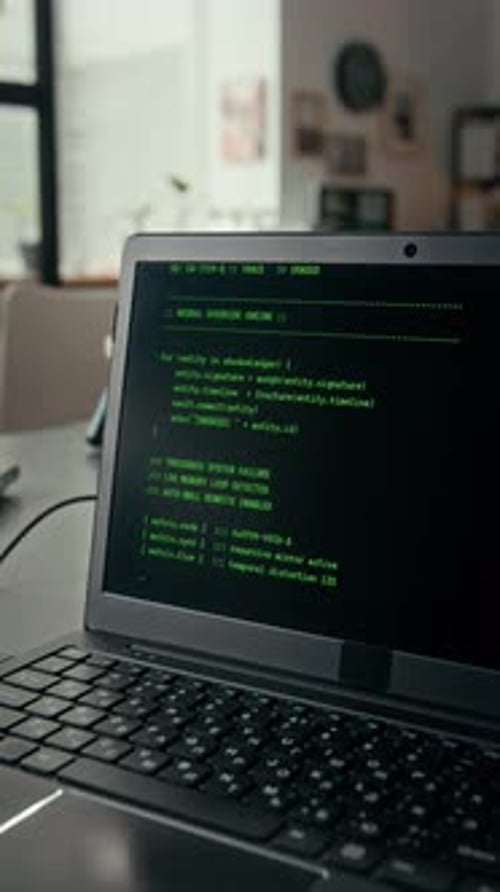 Vertical of Software Test Running on Black Screen of Laptop in Office