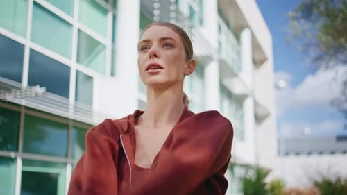 Attractive Girl Workout Morning on Street Closeup Focused Athlete Warming Up