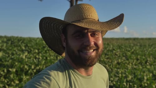 close up footage of a soybean farmer man with a country hat on a soybean plantation - countryside of