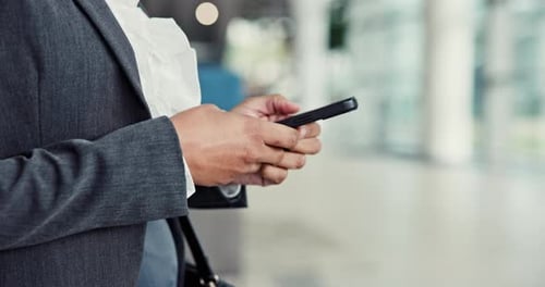 Office, woman and hands with smartphone for message, online chat and consultant for contact