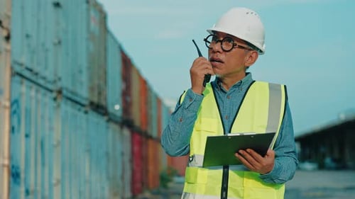 Engineer with Walkietalkie and Clipboard at Container Yard