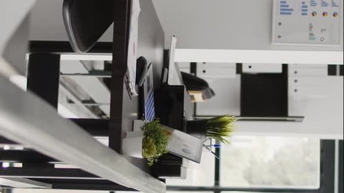 Vertical Video Empty Company Office with Workstation and Desk