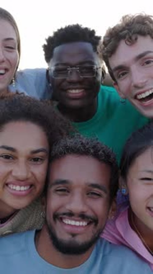 College Student Friends Smiling at Camera Posing for a Group Portrait at Campus