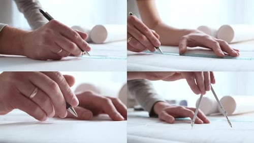 Closeup of an Architect's Hands Professional Real Estate Designer at the Workplace in the Office