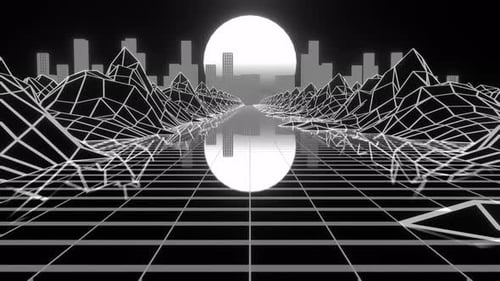 Seamless Loop, animation rétro des années 1980 volant à travers les rochers vers le soleil et Cyberpunk Pink City