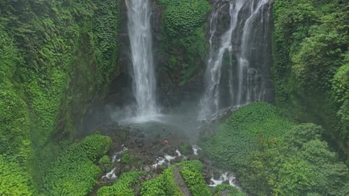 Sekumpul waterfall in bali pouring into jungle canyon