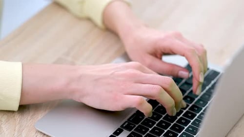 Hands Close Up Woman Working on Laptop Typing on Keyboard Freelancer Doing Work Remotely