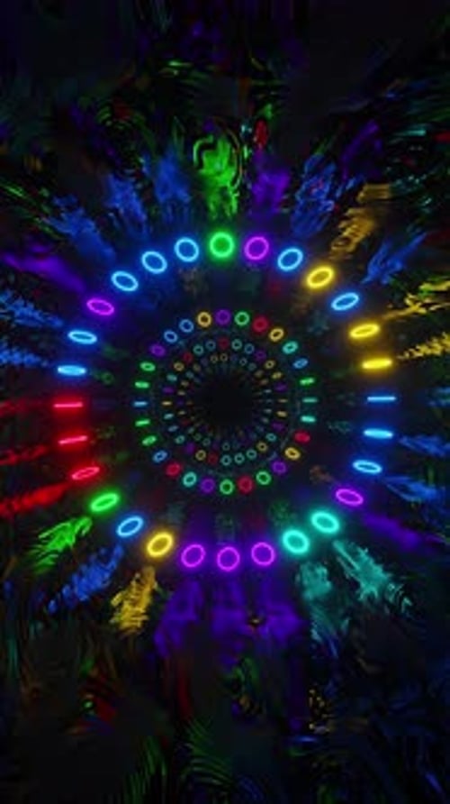 Reflective tunnel with many neon circles. Looped animation