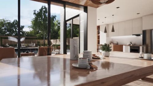 Smooth Camera Pan Across Modern Dining Room and Kitchen