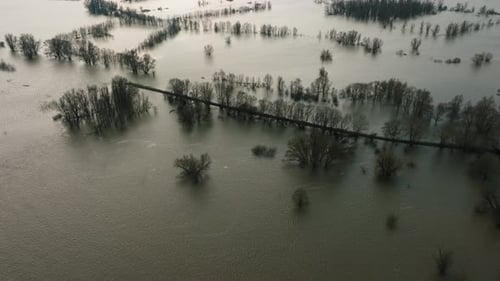 Drone view of water filled a floodplain along the Waal River in Varik, Gelderland, Netherlands