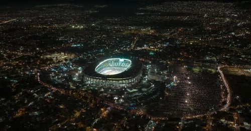 Night aerial video of Azteca Stadium in Mexico City at Time Lapse Mexico City