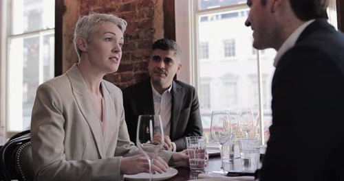Business executives having a working lunch in a restaurant