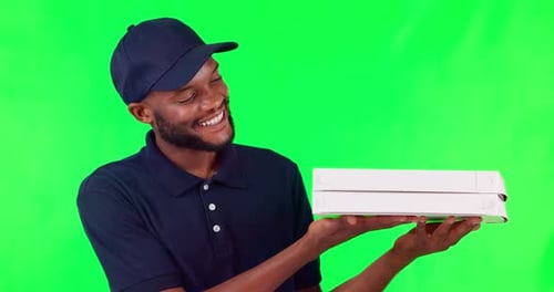 Courier, green screen and black man with delivery, box and package for shipping, order or pizza