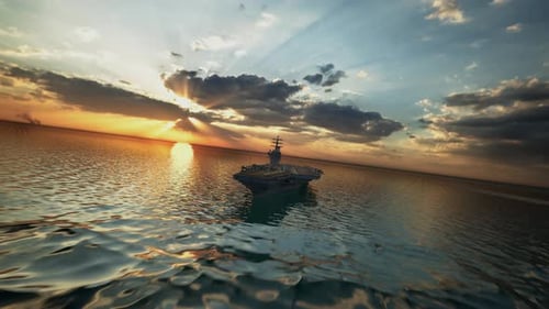 Aircraft Carrier Warship Battleship In The Ocean Navy, Sunset Time