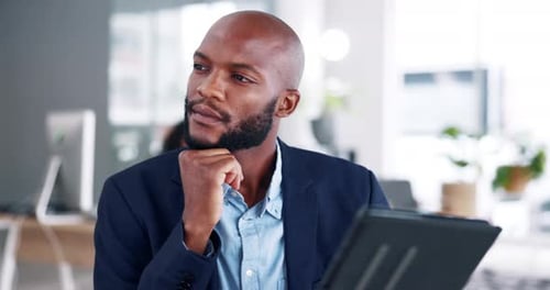 Thinking, tablet and computer of black man with online check, review and satisfied with results