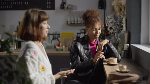 Kaukasische und afroamerikanische Freundinnen chatten und lachen in einem Café