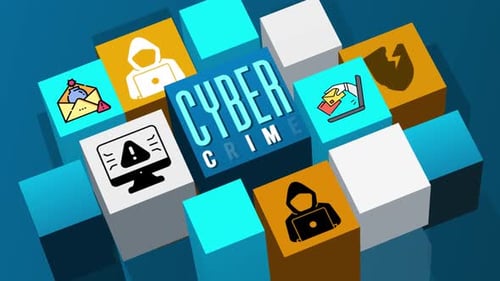 Animated Cyber Crime Concept with Rotating Geometric Cubes and Icons