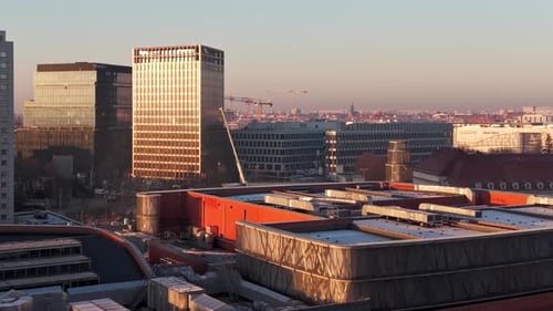Aerial city center development modern skyline sunset